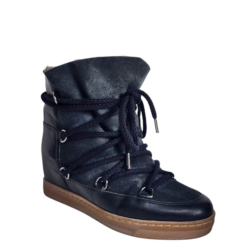 Isabel Marant Nowles Black Leather Shearling Lined Wedge Boots EU 38